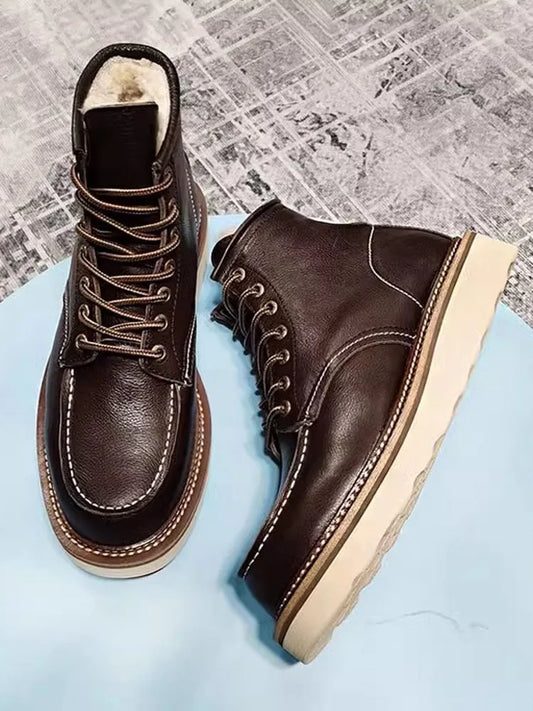 BEKEDEKECN Schneestiefel Warmes Wollfutter - Obermaterial Leder, Innenfutter Wolle, Schnürung Knöchelhoch