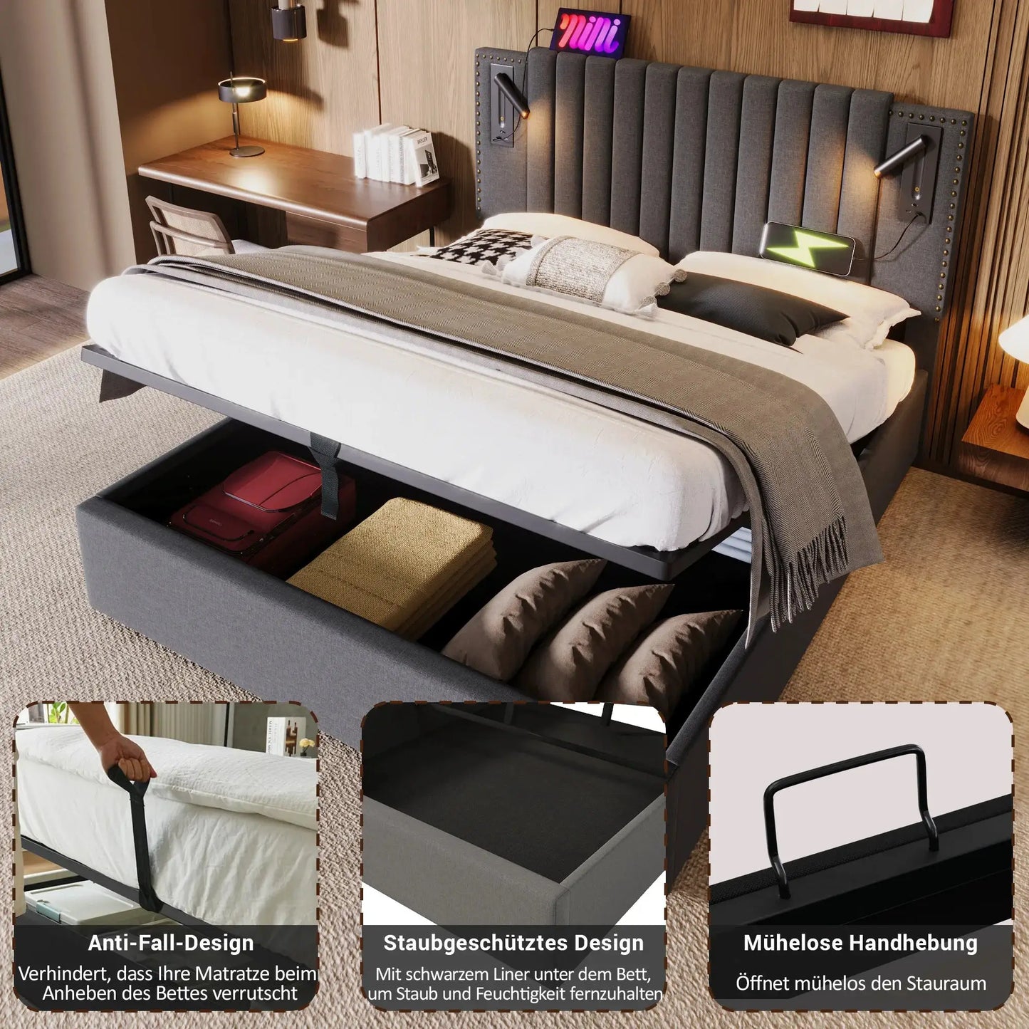 Polsterbett Doppelbett Mit Leselicht Und USB Ladefunktion