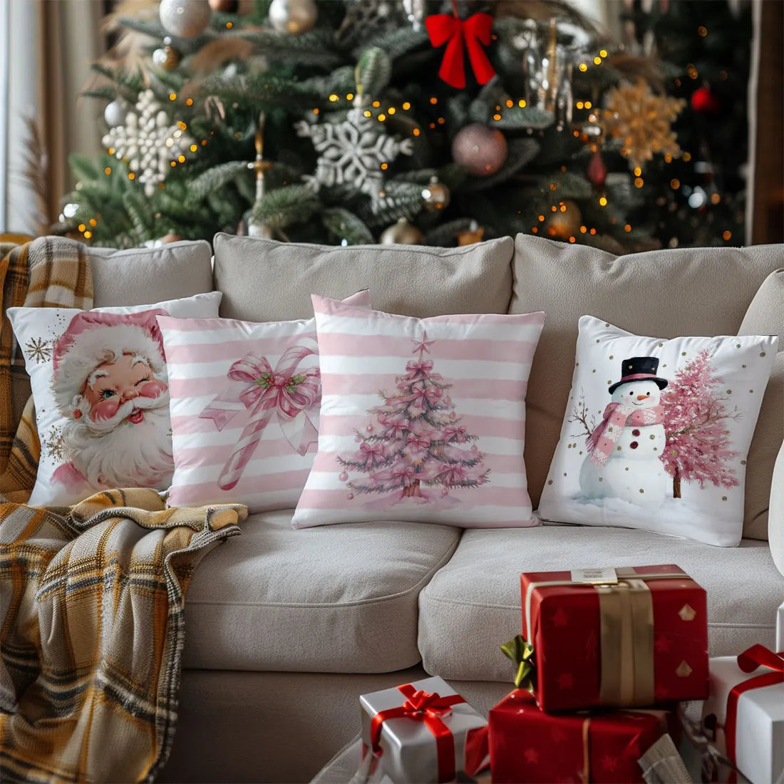45 * 45cm Pink Christmas Throw Pillow Cover Pink Striped Snowman Christmas Tree Cane Santa Claus for Home  Sofa Cushion Cover