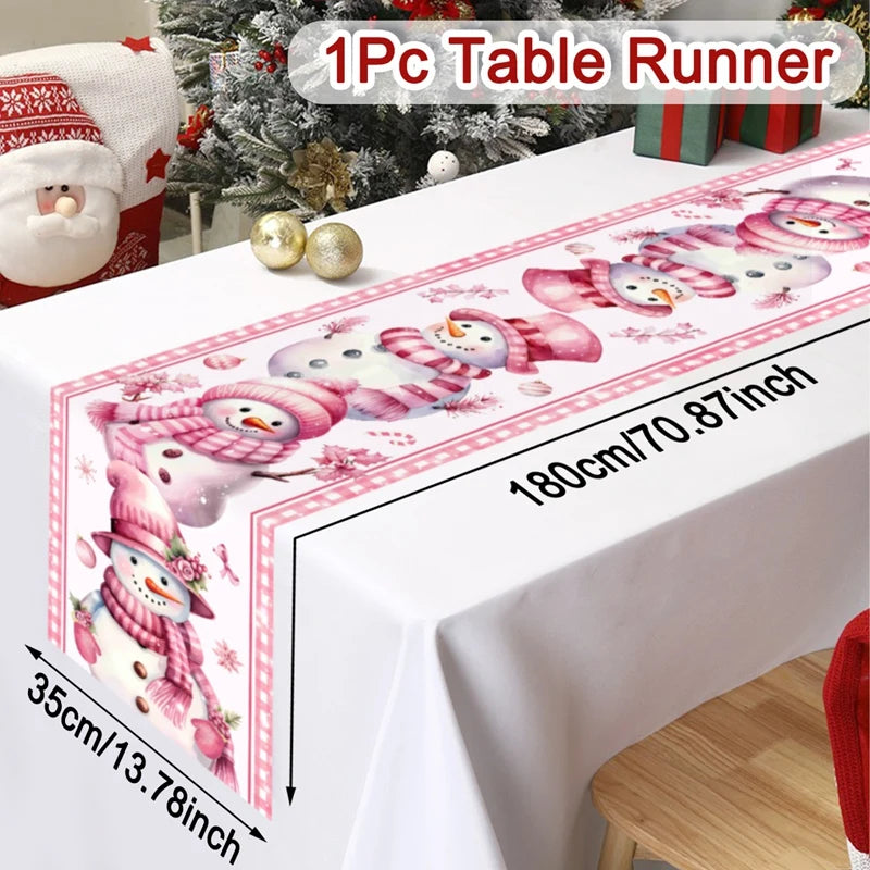 Pink Christmas Table Runner Snowman Santa Claus Merry Christmas Decorations For Home 2025 Navidad Noel Gift New year Tablecloth