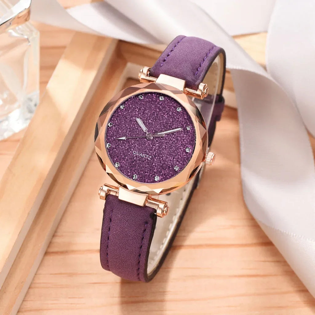Casual Uhren Damen Romantischer Sternenhimmel - Uhr Armband Leder Strass Designer - Damen Uhr Einfaches Kleid Geschenk