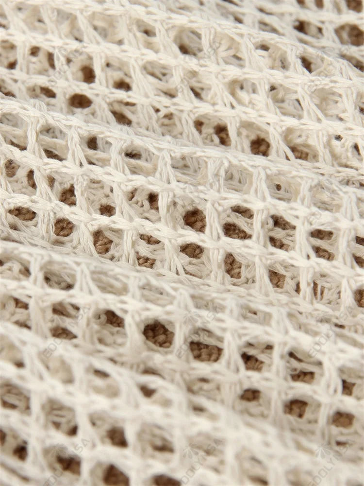 Einfarbig Strand Stricken Mini Kleid - Frauen Sommer Elegant Dekorative Details Langarm - Badeanzug Cover Up Boho Urlaub Lose Beachwear