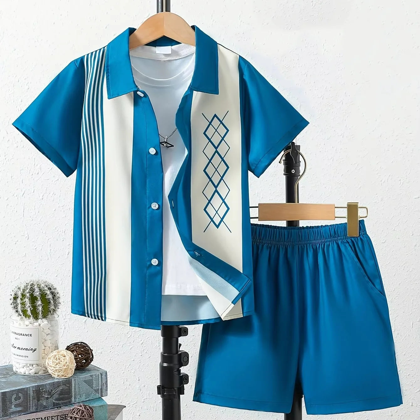 Jungen-Hawaiian-Set 2025: 3D-Plaid-Hemd & Strand-Shorts Resort - Tropisches Outfit 4-16 Jahre UV-Schutz 40+