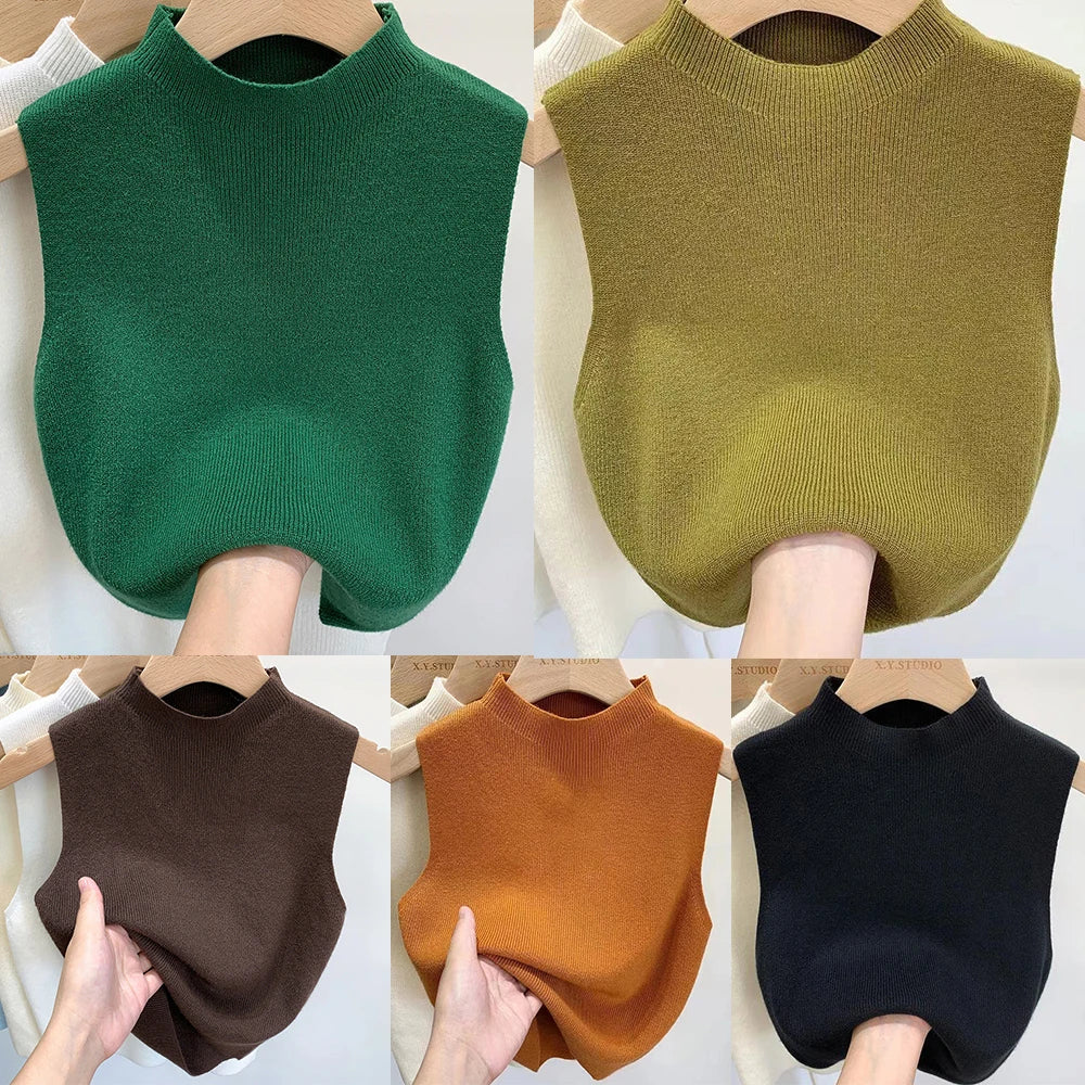 Women's Vest Tank Top Solid Color Knitted Tees T-Shirt Top Cropped Top Camisole Sweater Half-turtleneck Spring Autumn Sleeveless