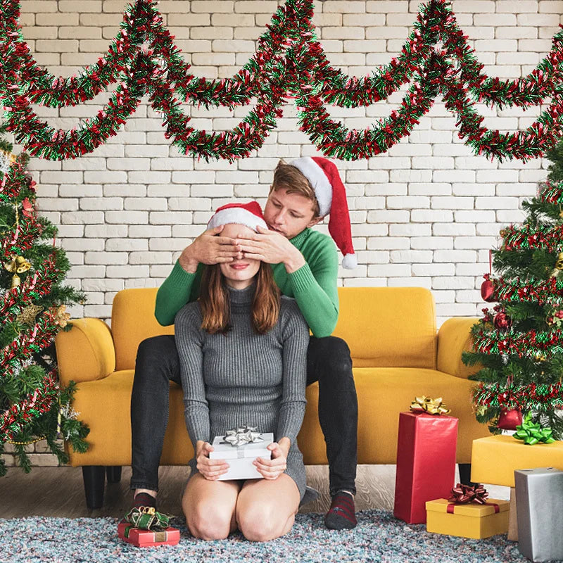 5/10er-Pack 78,74 Zoll Weihnachtsbaum-Hängegirlande, Weihnachtsgirlande, rotes und grünes Lametta, Bandornamente, Urlaub, Zuhause, Partyzubehör