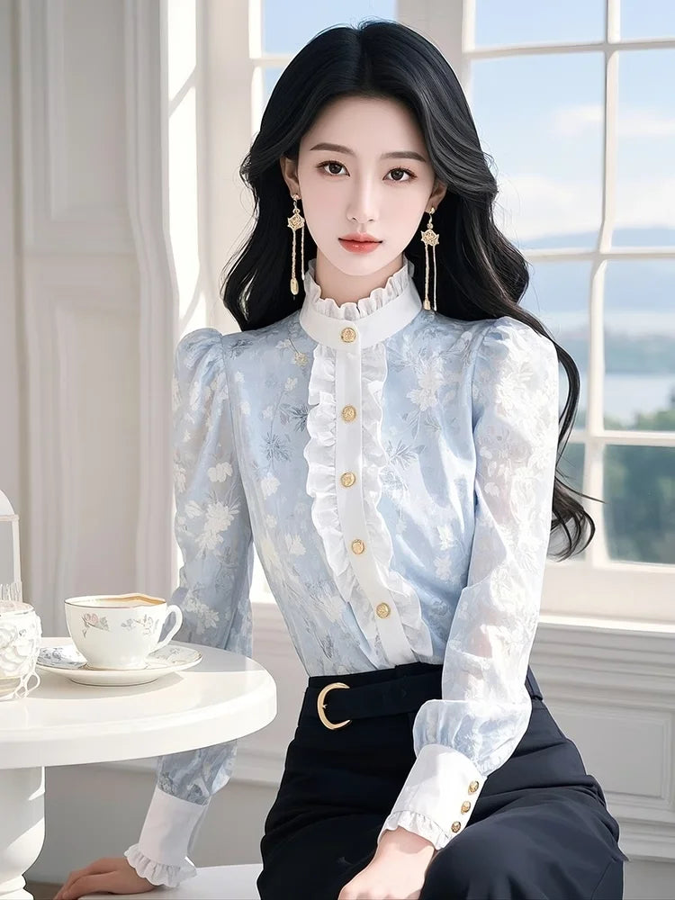 Blue Floral Chiffon Shirt with Ears for Women Spring 2025 New Top