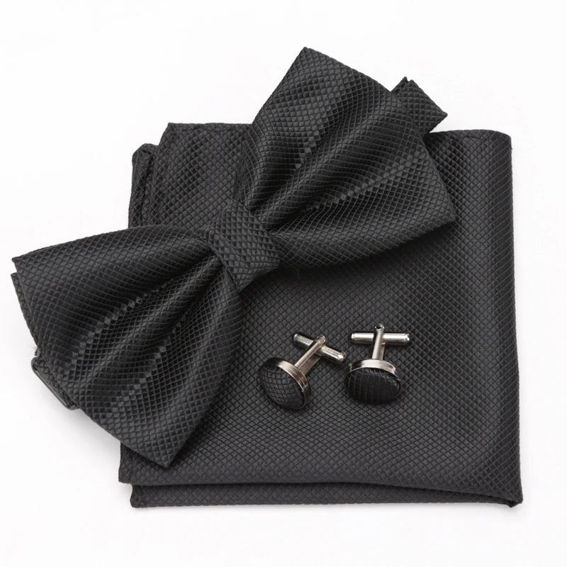 Men Bowtie Set 3pcs Plaids Classic Fashion Wedding Party Formal Cufflinks Bow Tie Handkerchief Cuff Links Lots Three Piece Set
