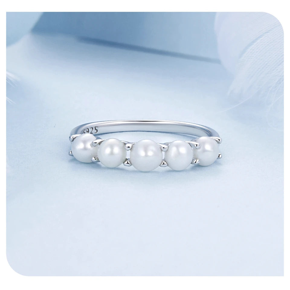 BISAER 925 Sterling Silver Pearl Ring Double Layer White Gold Zircon For Elegant Women Wedding Engagement Original Fine Jewelry
