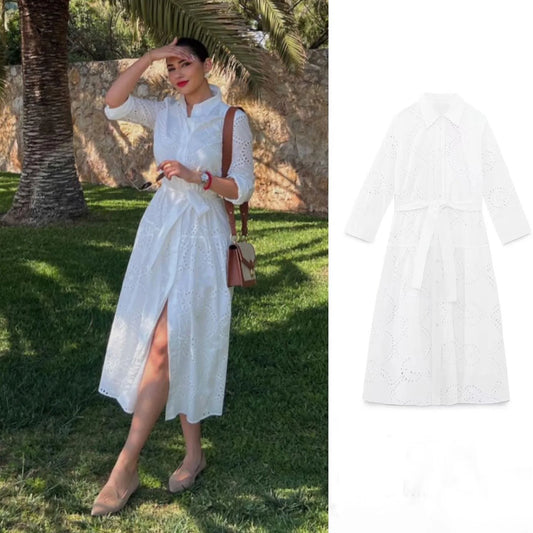 Elegant Embroidered White Dress Women Chic Lapel Long Sleeve High Waist Lace Up Maxi Dresses Fashion Female Hollow Out Vestidos