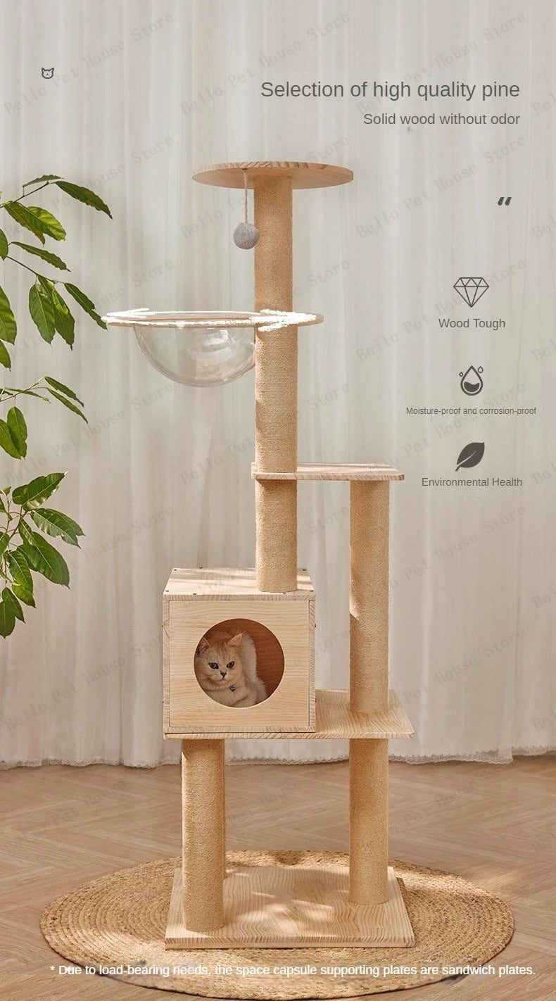 Massivholz Säule Multi-schicht Katzen Klettergerüst, Multifunktional Haustier Große Katzen Villa Mehrstöckig Katzen Baumhaus Klettern Spielzeug