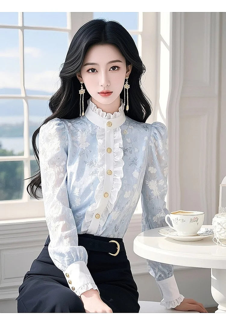 Blue Floral Chiffon Shirt with Ears for Women Spring 2025 New Top