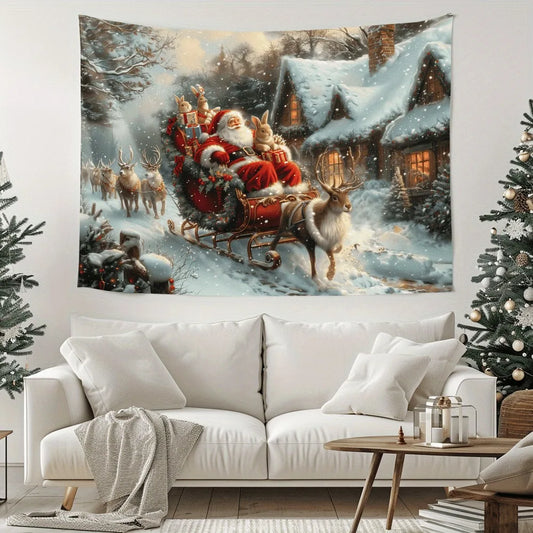 1pcs Santa Claus Sleigh Tapestry for Snow Town Scenery Wall Hanging in Living Room and Bedroom Holiday Party Decoration