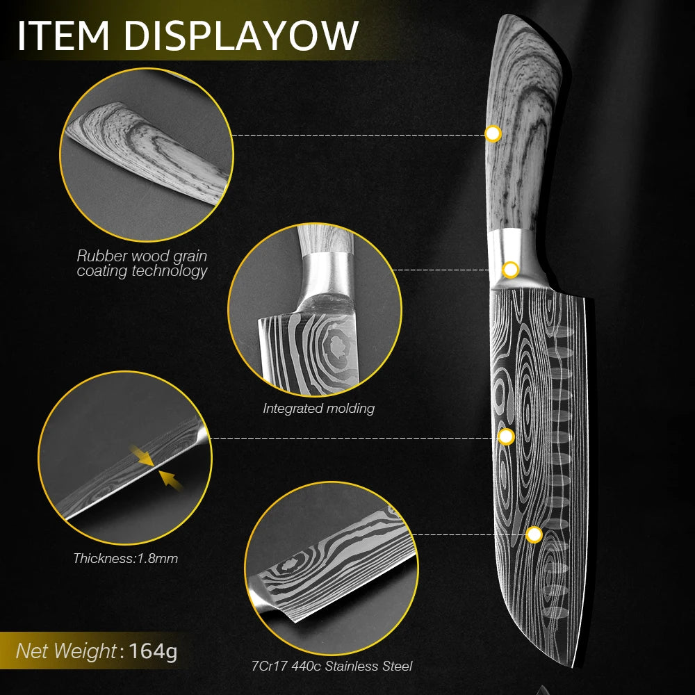 Kitchen Knife Damascus Laser Chef Knife 5 7 8 Inch Meat Cleaver Japanese Santoku Knive Butcher Slicing Cutter for Fish Vegetable