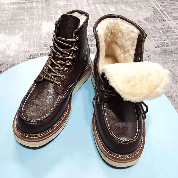 BEKEDEKECN Schneestiefel Warmes Wollfutter - Obermaterial Leder, Innenfutter Wolle, Schnürung Knöchelhoch