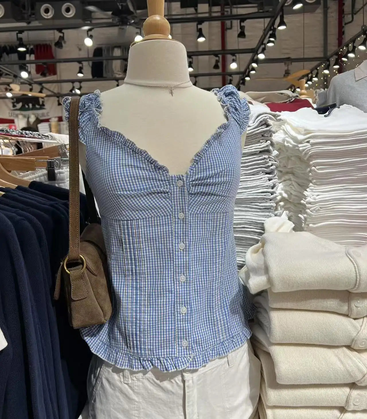 Blue Plaid Ruffles T-shirt Women Summer Folds V-neck Single Breasted Short Sleeve Tee Shirts Sweet Girls Cotton Slim Crop Top