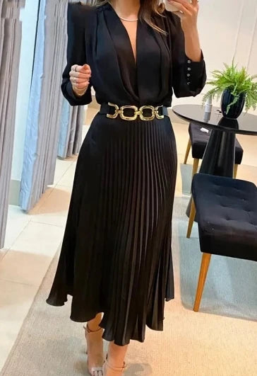 Elegante Kleid Tiefer V Ausschnitt - Plissee, Langarm, S M L