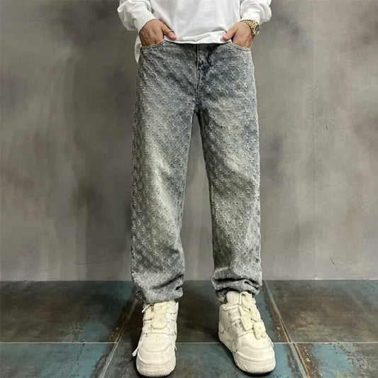 Herren Jeans 2025 - Jacquard All Over High Street Straight Lift Pattern Loose Wide Leg