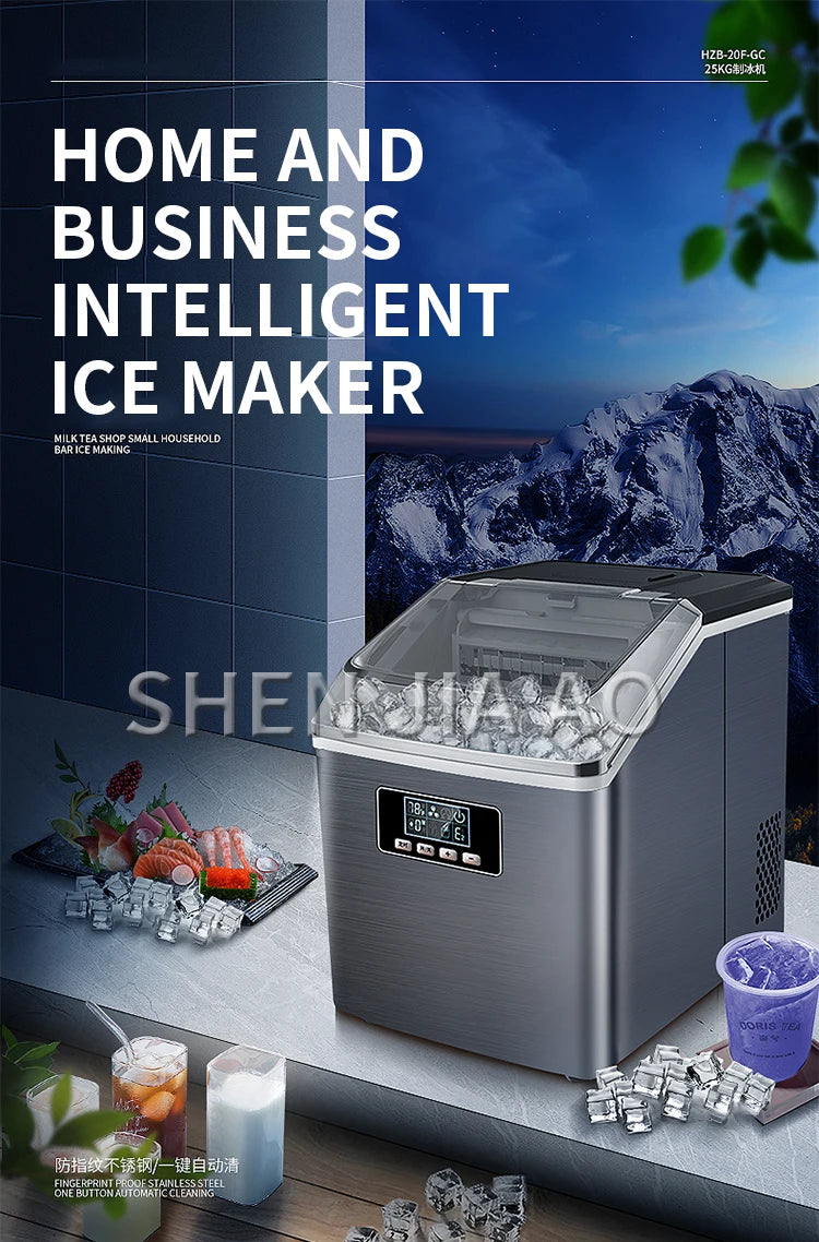 25kg/24h Automatic Electric Quick Ice Maker Commercial Household Milk Tea Shop Bar Desktop Portable Ice Cube Making
