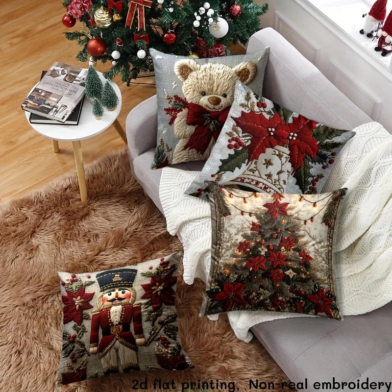 4pcs Christmas Pillow Covers - Nutcracker, Bear & Lily Print, 2D Embroidery Style, Holiday Decor for Sofa Bed