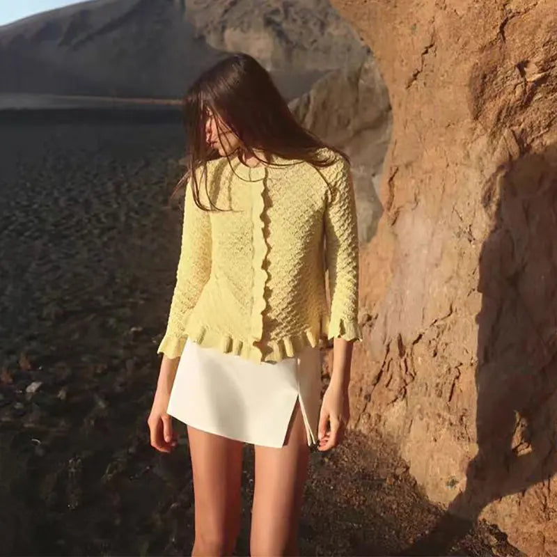 GACVGA Rüschen Strickjacke Chic - Slim Fit, 3/4-Ärmel, M