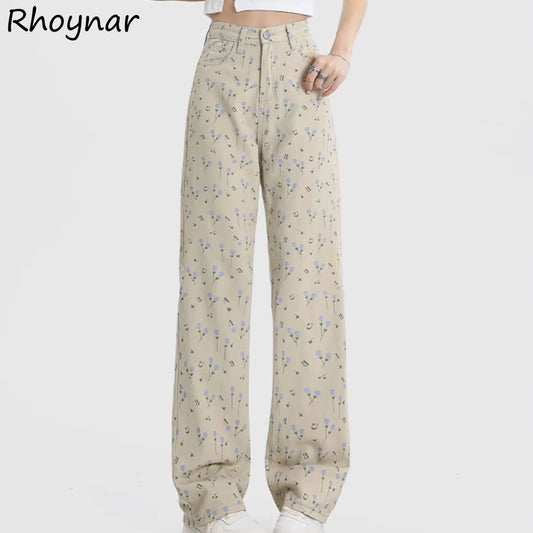 Damen Jeans 2025 - Washed High Waist Floral Printing Straight Preppy Style Sweet
