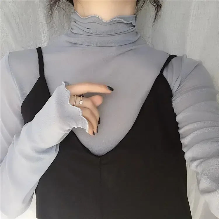 Sexy Women T Shirt See Through Transparent Tops Long Sleeve Ladies T-Shirt Pink Green Basic Top for Female Bottoming Blouses