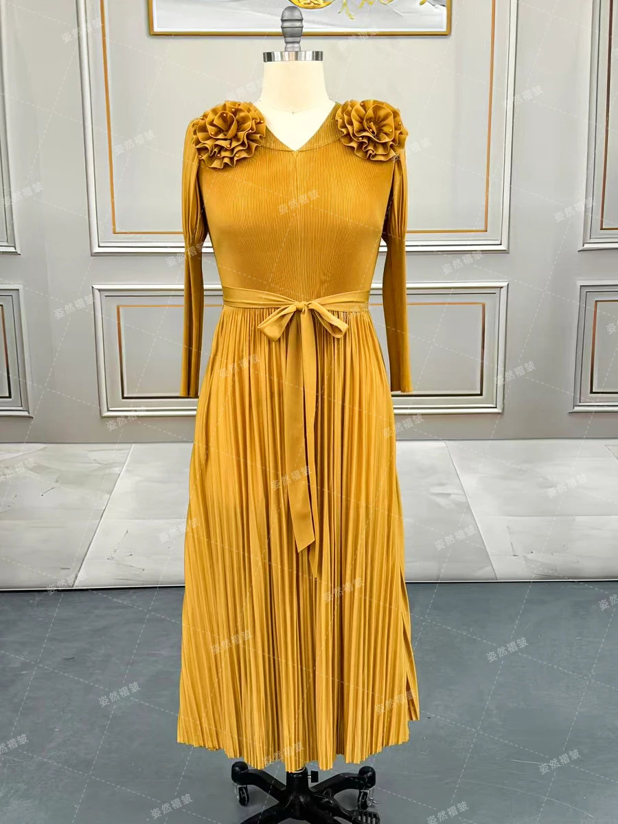 Elegant And Beautiful Dresses For Women Luxury Formal Evening Prom Gown Miyake Fashion Female Long Sleeve Dress Pleated Clothing