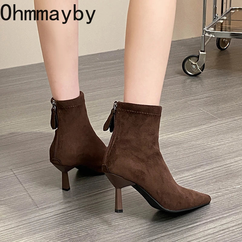 Ghete vintage Ohmmayby, toc subțire - înălțimea tocului 5-8 cm, până la gleznă, căptușeală din fleece