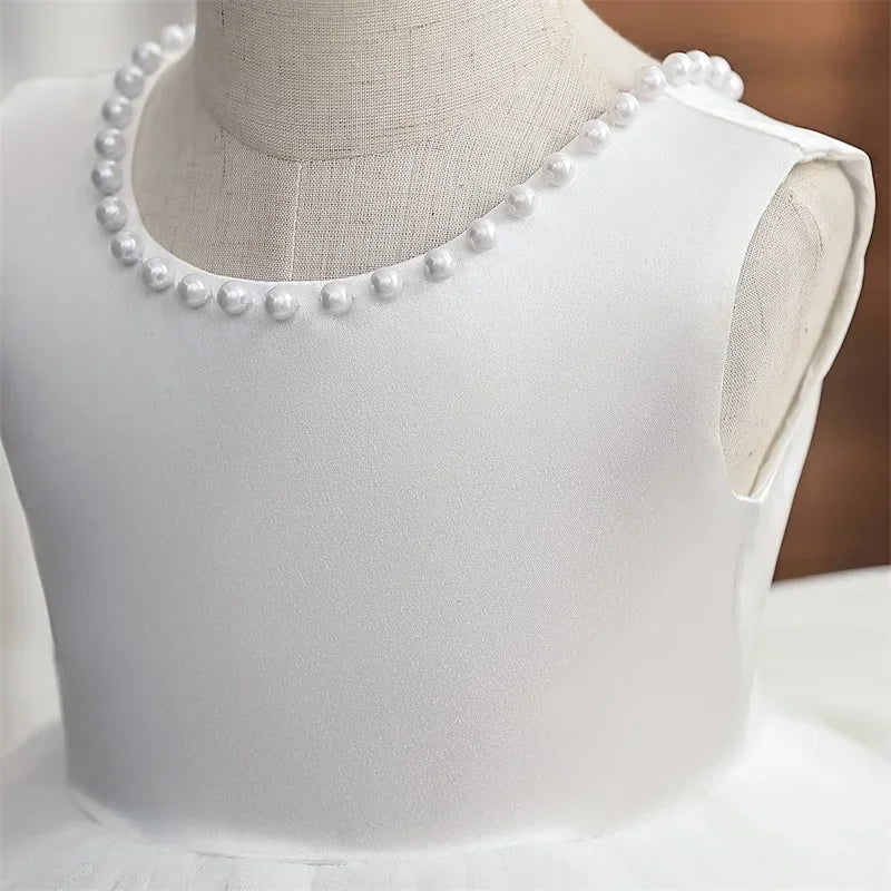 Baby Mädchen Kleid Große Schleife Perlen Rückenfrei 1. Geburtstag Party Kleid Säugling Mädchen Prinzessin Hochzeit Tüll Kleid Taufe Kleid 1-5J