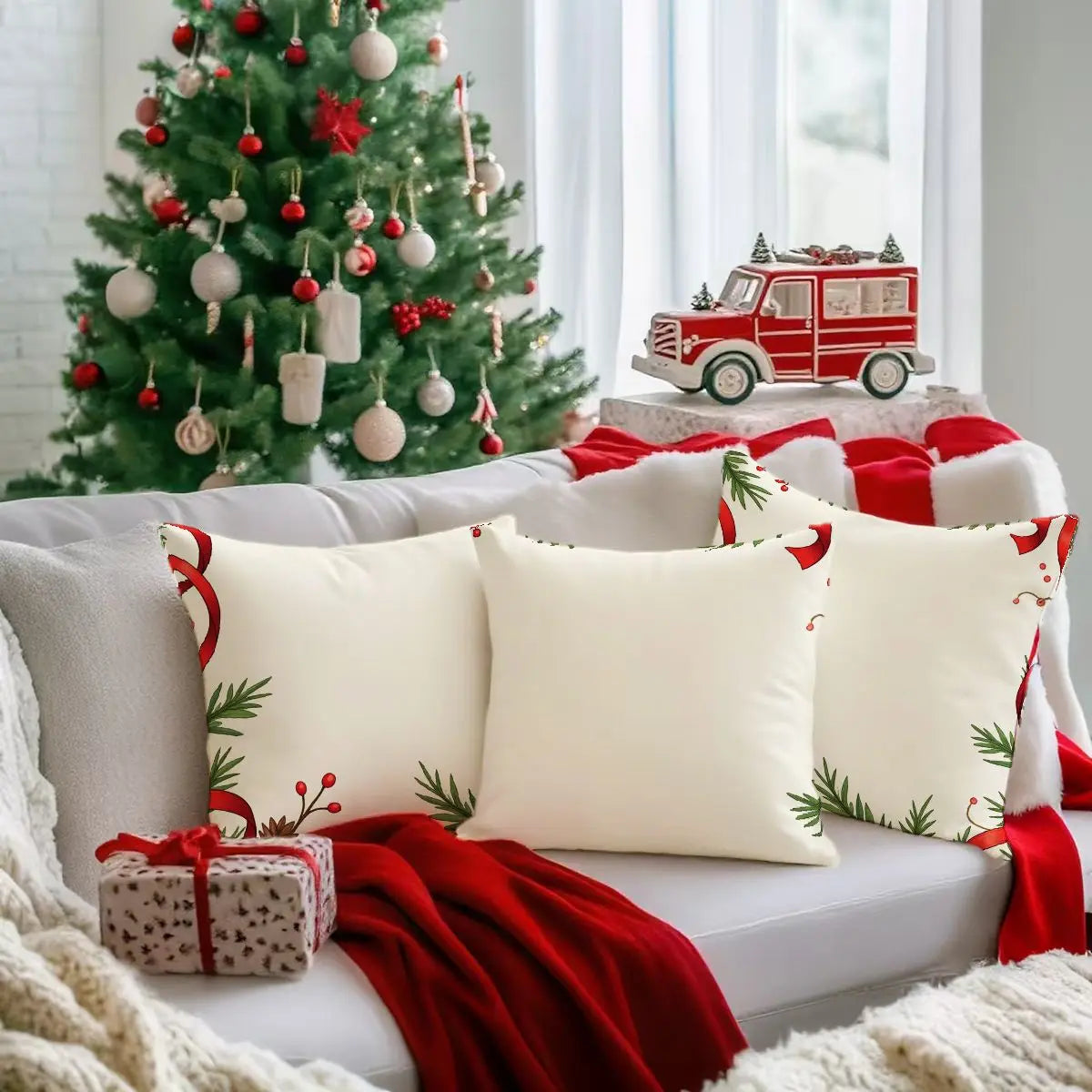 4-Piece Christmas Pillow Cover Set 45x45cm No Insert Festive Gift Boxes Holiday Greens for Sofa Styling Festive Celebrations