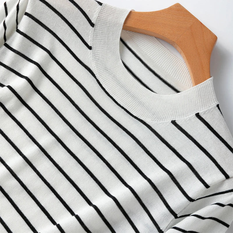 Women Knit T-Shirt 70% Mulberrry Silk 30% Cotton Round Neck Stripes Short Sleeve Sweater Pullover Top Shirt L XL XXL LY040