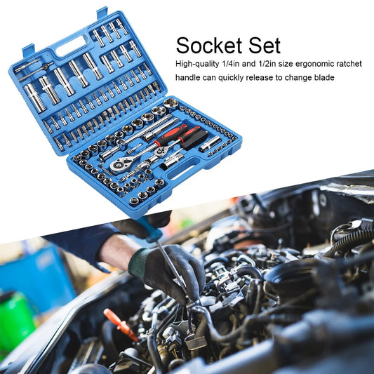 Ratchet Wrench Set 1/4in 1/2in CR40 Stahl-Sockel-Set Werkzeugkasten + Box Handwerkzeug-Kits Sockel-Set Stahl-Sockel-Set-Werkzeug-Kit
