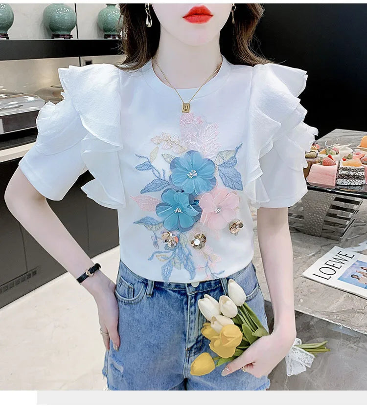 Ruffled White T-shirt Women's Short-Sleeved Floral Tshirt 2023 Summer New High-End Heavy Embroidery Flower Chic Top Tees