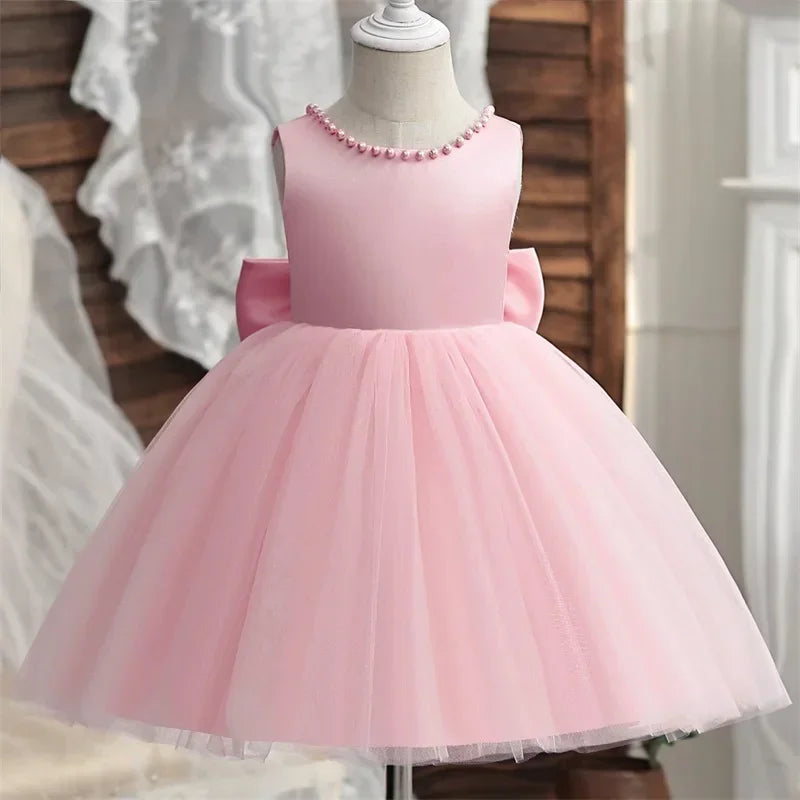 Baby Mädchen Kleid Große Schleife Perlen Rückenfrei 1. Geburtstag Party Kleid Säugling Mädchen Prinzessin Hochzeit Tüll Kleid Taufe Kleid 1-5J