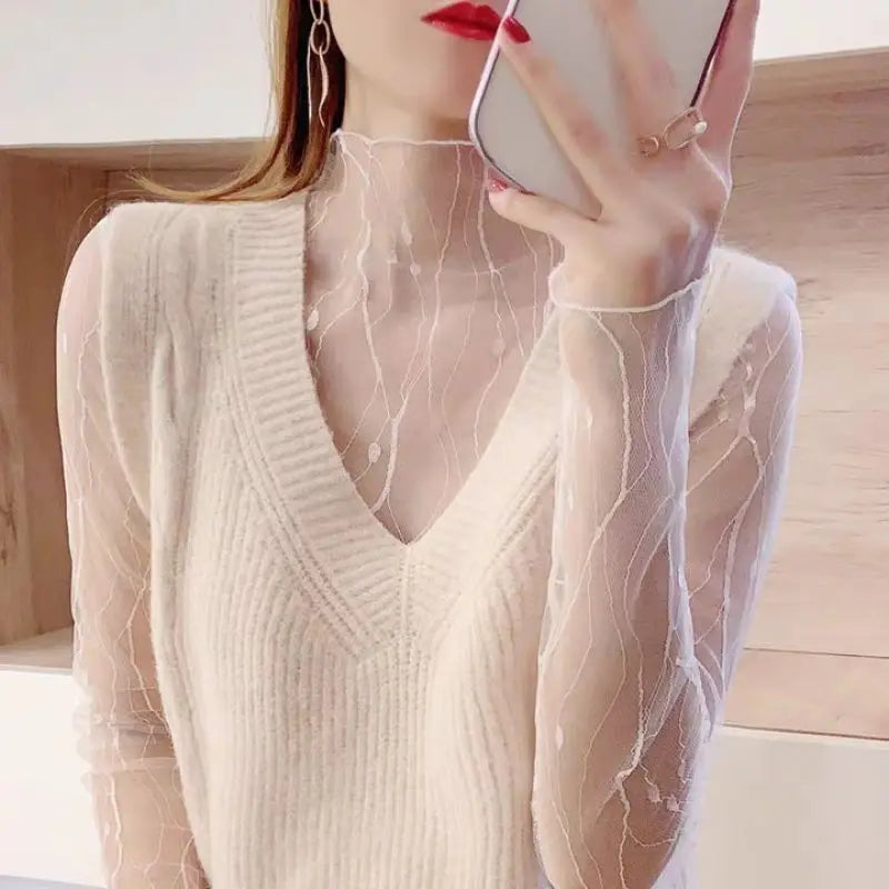 Women's T-shirt Summer Outfits Long Sleeve Pullover See Through Tops Fashion Lady Sexy Tops Mesh Slim Chiffon Tees New Black Top