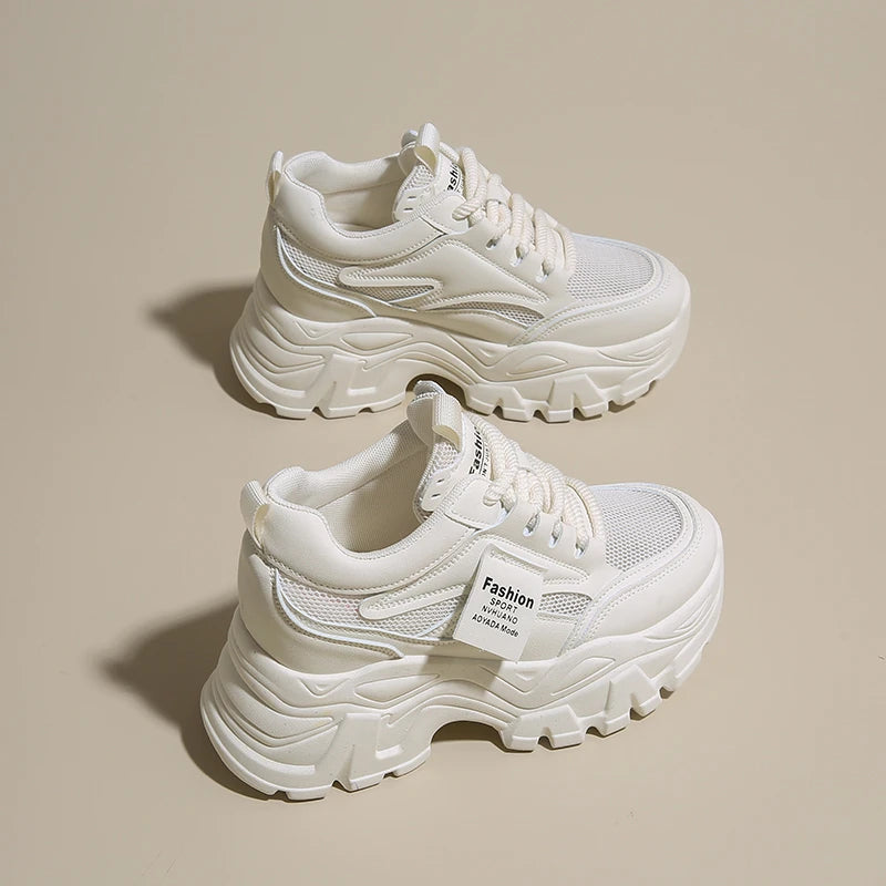 Whiet Breathable Chunky Sneakers Woman 2025 Spring Thick Platform Casual Sneakers Women Non Slip Lace Up Sports Shoes Female