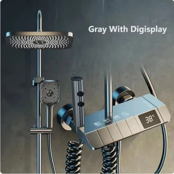 NONEM copper shower faucet set with digital display, 4 functions, rainfall head and handheld sprayer