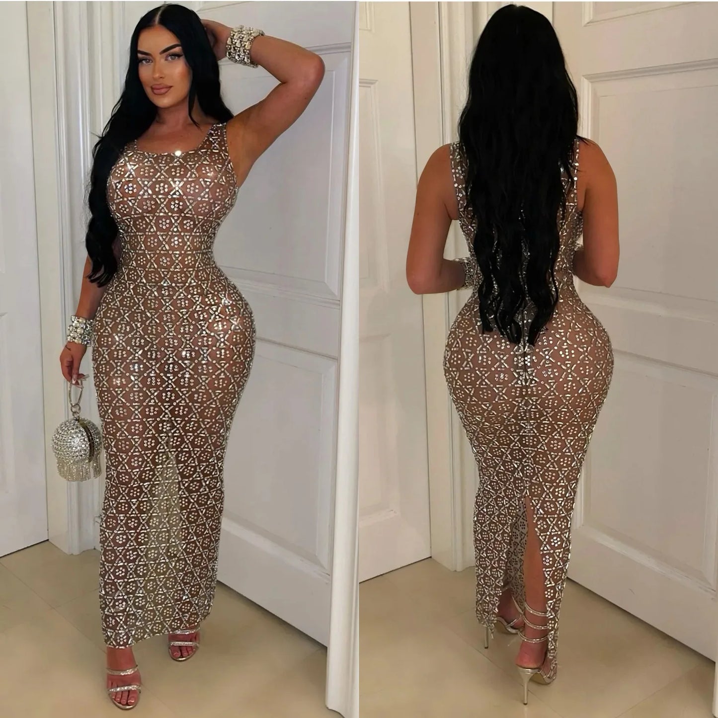 Damen Kleid 2025 - CM.YAYA Summer Sleeveless Rhinestone Long Dress Mesh Fashion Evening