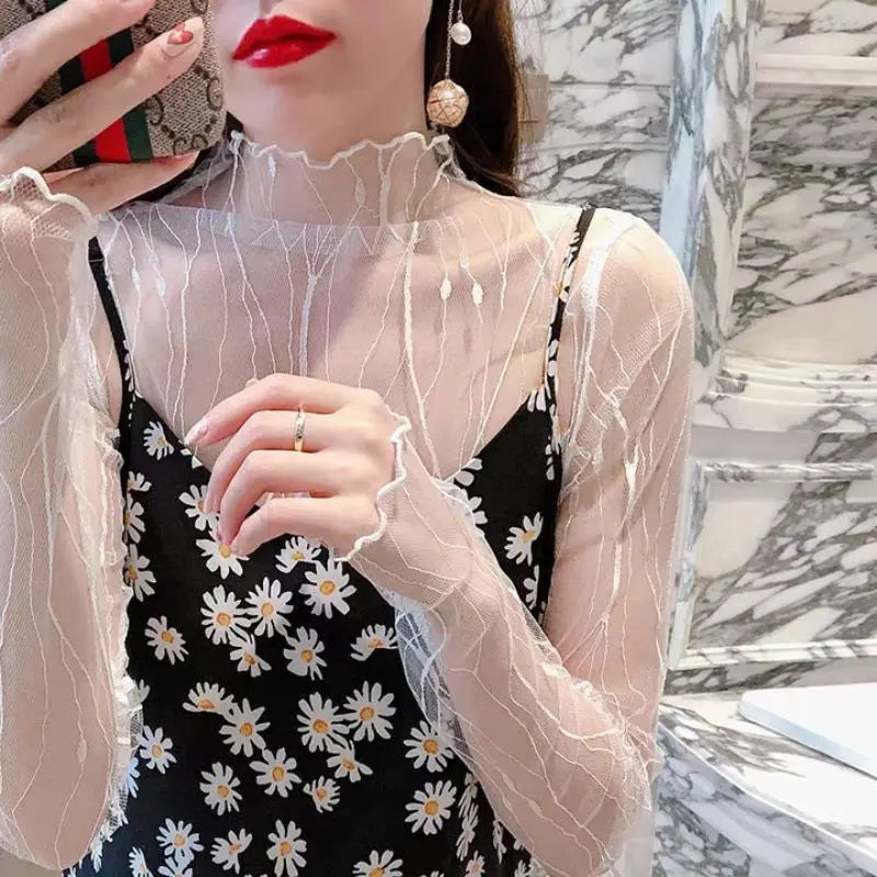 Women's T-shirt Summer Outfits Long Sleeve Pullover See Through Tops Fashion Lady Sexy Tops Mesh Slim Chiffon Tees New Black Top
