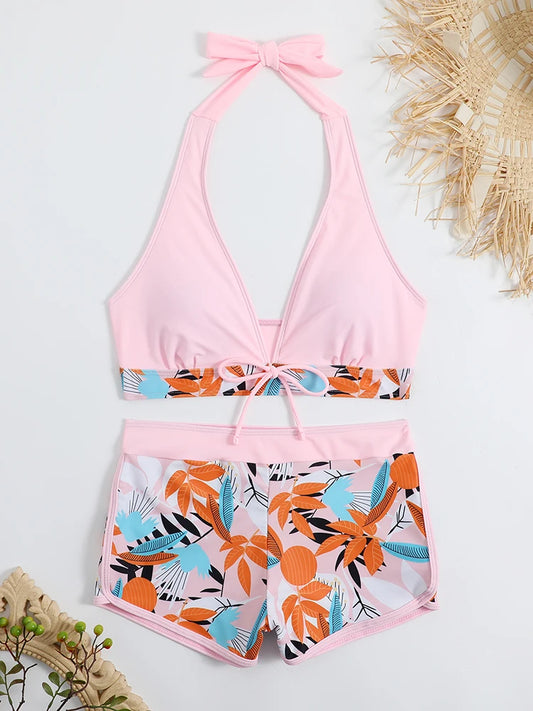 Halter Bikini Set Rot High Waist Design Wire-Free Support Spandex Polyester Kurzer Schwimmanzug