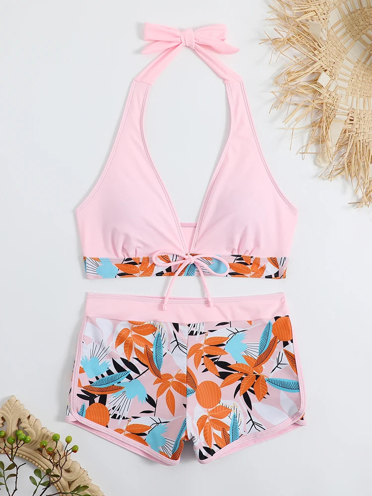Halter Bikini Set: High Waist Design Wire-Free Support Spandex Polyester - Kurzer Schwimmanzug Frauen Bedruckte Bademode Polsterung Strandmode