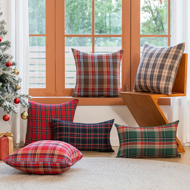 Pack of 2 Christmas Plaid Decorative Throw Pillow Covers Scottish Tartan Cushion Case for Farmhouse Home Holiday Decoration