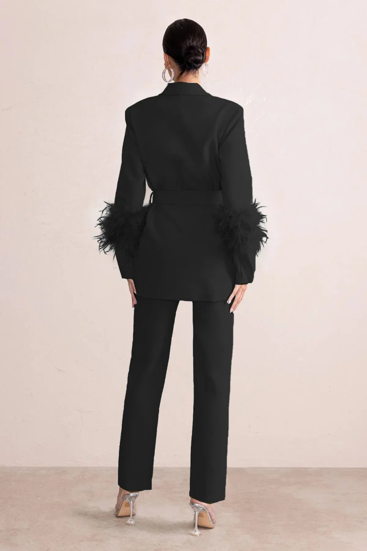 Elegant Women 2 Piece Set Solid Notched Neck Blazer Zipper Long Pants Feather Upright Coat Ladies Suit Fall Winter Office Wear