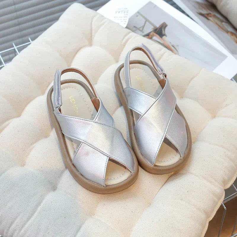 Girls Flats Solid Color Trendy Kids Sandals Hook&loop Adjustable 2025 Summer New Boys Fashion Beach Shoes Hollowed-out Chic