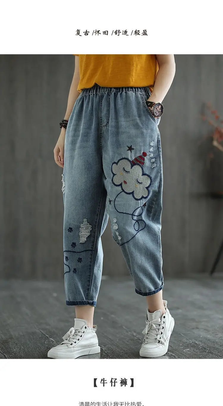 Embroidered Jeans Women Spring and Summer New Cropped Retro Casual Oversized Loose High Waisted Embroidered Slim and Versatile