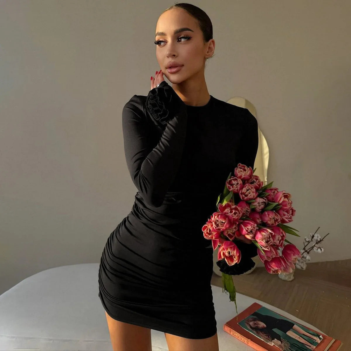 Elegant Woman Clothing Flowers Long Sleeve Party Evening Party Club Short Dress Package Wrap  Autumn  Ruched Mini Dress