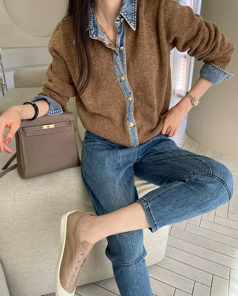 BigLargiCN Strickcardigan Herbst Denim Patchwork Damen Korean Stil - Gewicht 120–220 g/m² Länge Regular Lockere Passform