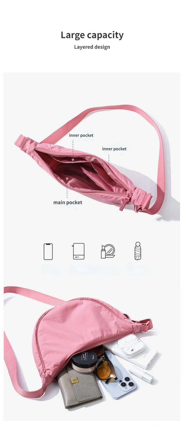 Solid Color Women's Portable Shoulder Bag Simple Female Nylon Cloth Padded Crossbody Bags Travel Purse Handbags Messenger Bag