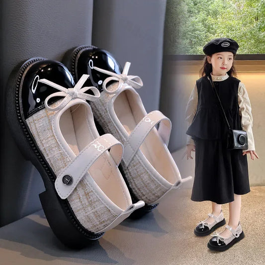 Mädchen Leder Schuhe Mode Schleife - Rutschfest Weiche Sohle Neue 2025 Herbst - Kariert PU Leder Outdoor Kinder Casual Flats