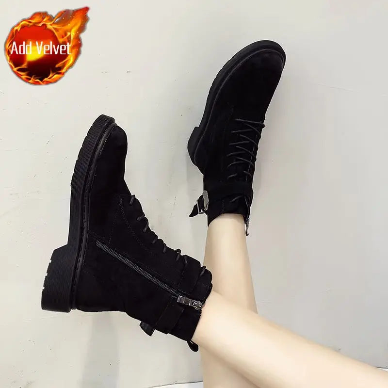 Ghete Shangkaka cu șireturi și căptușeală caldă, negre - Mărimi 36-41, Toc 1-3 cm